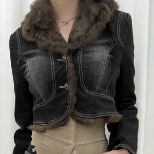 Cropped Black Denim Jacket with Fur Trim